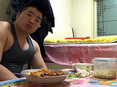 Asian bodybuilder bounces his massive pecs