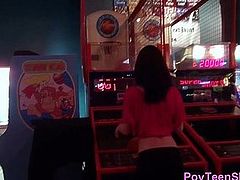 Pov teen deep throats dong in arcade