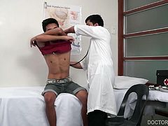He instructs the adorable young man to strip naked. Then Vahn checks him out thoroughly, before going to work on an anal examination. After an ass cleansing, he grabs a long dildo for some deep anal probing.