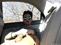 Our featured solo boy of the week is Lucas Prescott, a big dick twink who has decided to jerk off in his car. He pushes his pants down to his knees and quickly works up a stiff one, while looking around to make sure no one is approaching. Moving to the back seat, Lucas kicks back and continues jacking off. After a nice long stroking, the young Latino pulls his shirt up, so he can cum on his belly, and keeps looking out the windows to make sure he wont get caught. After cleaning up, Lucas pulls