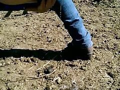 Outdoor BBW pee with large ass bending over with jeans down