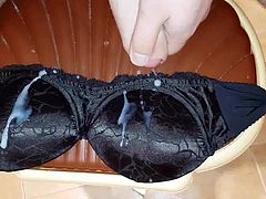 Satin black bra cumshots