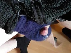 Wank in Fleece with fleece mittens and cum