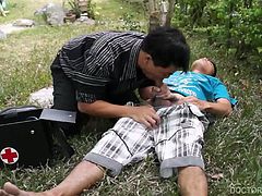 The kinky doctor gets right to work on diagnosing the injury and administering aid. Vahn performs mouth to cock resuscitation to get the cute Asian boys pain under control. Additionally, he decides to give the injured young man an enema, with cold milk, to reduce any internal swelling. With no lubricant on hand Vahn decides to use his tongue. After Arjo has finished squirting the milk from his ass, Vahn transports him to his office