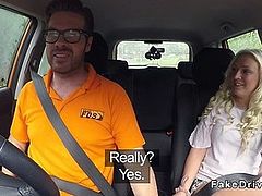 Instructor cums on blonde driving student
