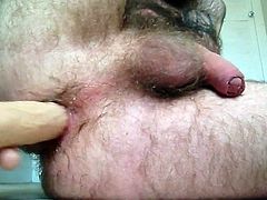 Hairy bear slamming his hole with a dildo