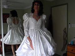 Crossdresser Masturbating in Shortened Weddding Dress