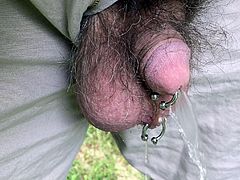 pierced cock and ball,  pissing outdoors