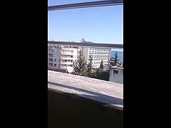 Wife in stockings masturbate on hotel balcony