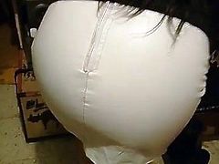 Wife in white leather skirt