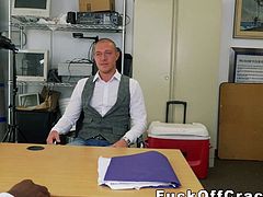 Handsome dude interracially fucked for cash in the office