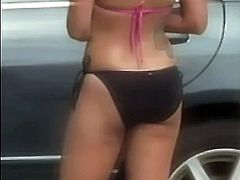 Candid Voyeur  Girl in Bikini cleaning car