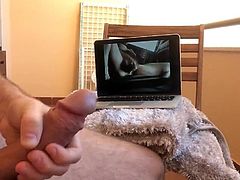 Daddy jerks his fat cock while watching porn