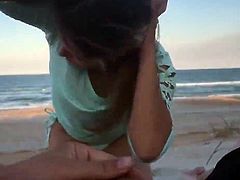 hot slut sucks big cock on the beach and takes cum in mouth