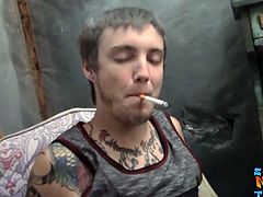 Inked perv Blinx tugs cock before dripping jizz