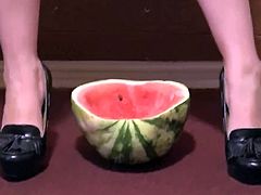 With a Hairy Pussy Brunette Pissing on Watermelon