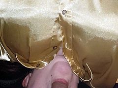 Gold satin blouse blowjob