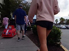 Candid voyeur teen in tiny gym shorts ass shopping legs