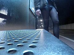Flashing in pantyhose at the bus stop by night