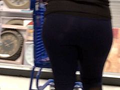 Latina PAWG MILF in thin blue leggings with VPL