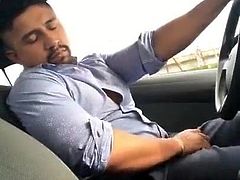 big disked latino dad jacks of in his car