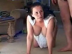 Awesome blowjob and doggystyle fucking in this homemade video. Amateur wife with long brunette hair and a pair of huge allnatural juggs gives her husband a deep blowjob and gets entered from behind on the floor in front of the camera.