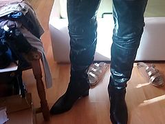 German Teen Crossdresser walks in leather clothes