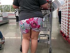 BBW MILF in shorts with wedgie creepin up her ass crack