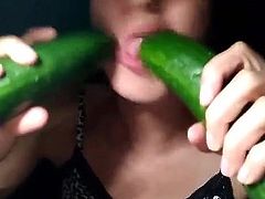 Hungarian girl suck two cucmbers Ildiko Gyorkei part1.