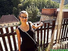 Euro slut with a hot body wearing glasses receives a facial outdoors