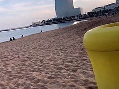Small dick guy showers in public (Barcelona beach)