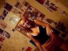 Dumb teenage girl shakes her big tits in her room