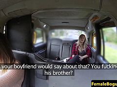 British lesbian cabbie pussylicking babe on backseat