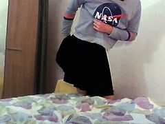 Cute crossdresser schoolgirl NASA fan having fun