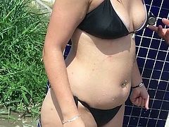 Hot busty teen in beach