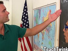 Teacher jock hooks up with his twink student in their classroom and then he destroys him with anal.