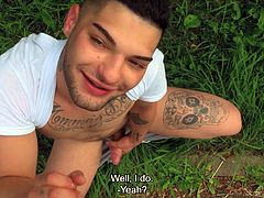 I trap my hot gay friend to suck my juicy cock outdoors. The lusty gay gives a spicy blowjob that meets my dirty desires, and then I offer him hard cash for his tight asshole. The naughty gay is excited and ready to get his ass drilled by my soulless cock while I record the erotic scene.
