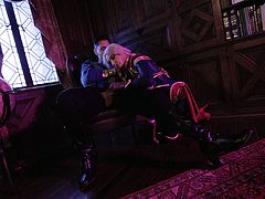 Watch these two cosplayers get extremely turned on seeing each other in costume. They pounce on each other and make out passionately, before the superhero pulls out the busty babe's tits out and his juicy hard cock as well, for the horny bitch to suck on, before he makes her ride his erect throbbing dick