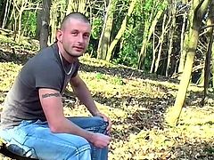 Bald British amateur masturbates in the woods and cums