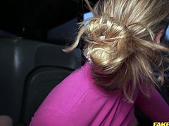 The blonde babe asks the driver to come to the back seat after fingering her pussy and showing off her ass. Then erotic babe removed his pants, and pull his dick out and started giving him a sloppy blowjob and sucking his balls... Join now!