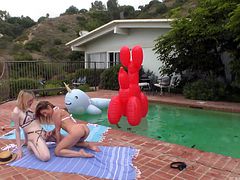 This horny shemale babe was out by her pool today when her slender blondie neighbour came over to hang out with her. But as soon as she saw the tranny's boner, the hottie got to sucking her off and got it all hard before the tranny bent the beauty over and shoved her boner inside of the blondie's tight lil cunt.