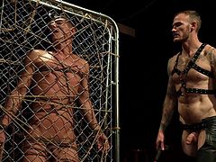 In a dark room, bound to a cage, Christian conjured and tortured his long-lost love, Benvi. He tormented Benvi with a flogger, a paddle, clothespins, and electricity. Then he comes towards his cock and nipples before the tortures get to pleasure himself using his sex slave.