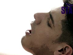 Gay sits on hung lover thick DILF cock raw