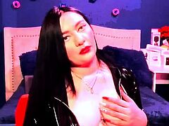 Busty curly brunette with big boobs fucks on couch