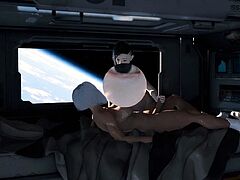 Zero-G temptation Futa Kaelen plays with a sexy brunette